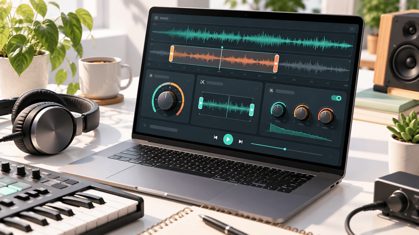 Audio editing workspace with waveforms, tempo controls, and reverb knobs