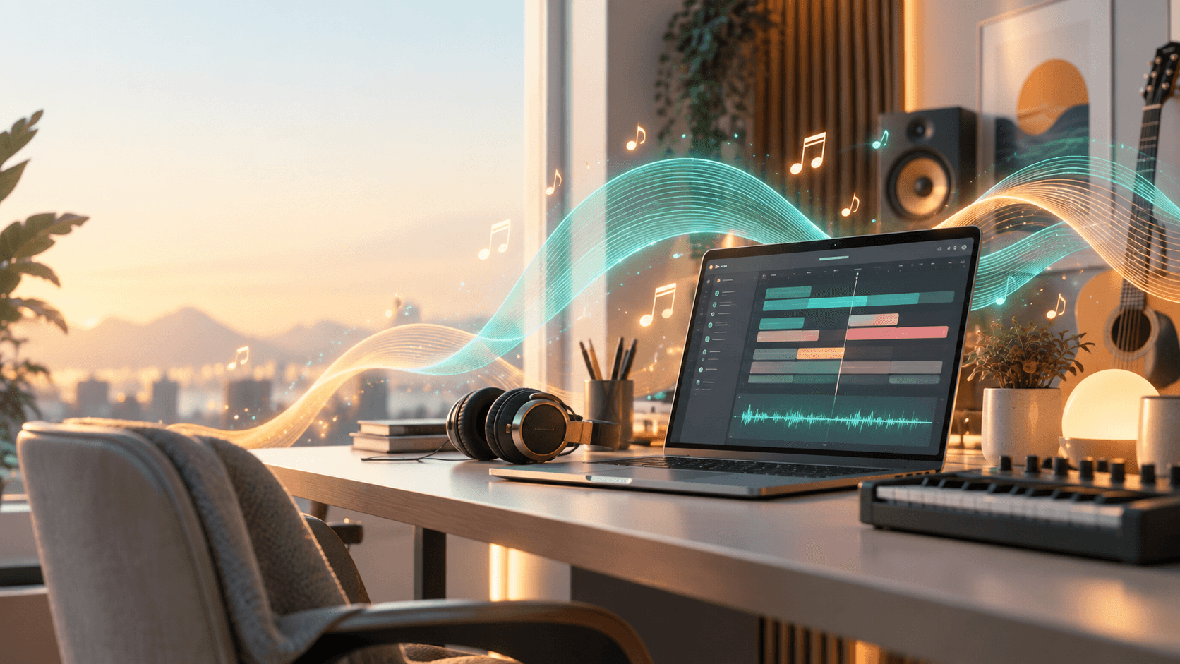 AI music creation workspace with waveforms and studio gear